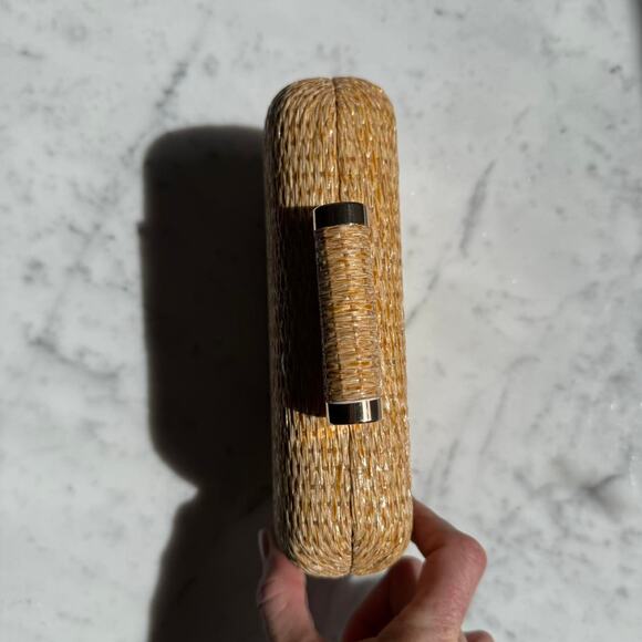 Straw Woven Box Clutch w/ Gold Chain Strap – Hard Case Evening Bag - Picture 5 of 8